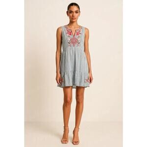 Johnny Was XL Embroidered Striped Sleeveless Shift Dress Multicolor Split Neck